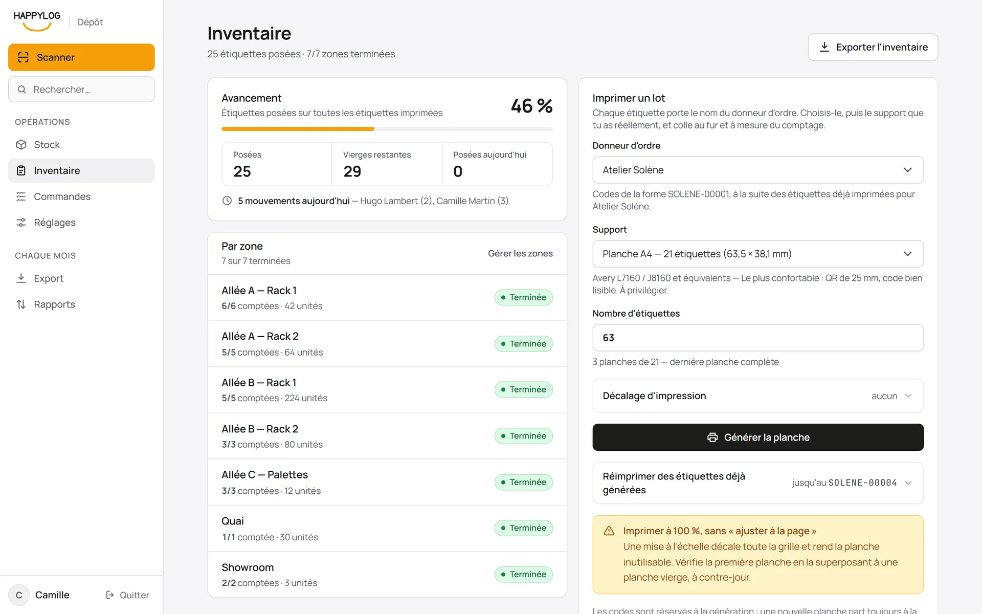 Avancement de l'inventaire par zone et impression des QR