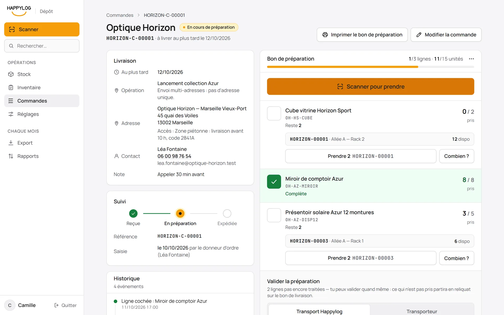 Préparation de commande guidée par scan