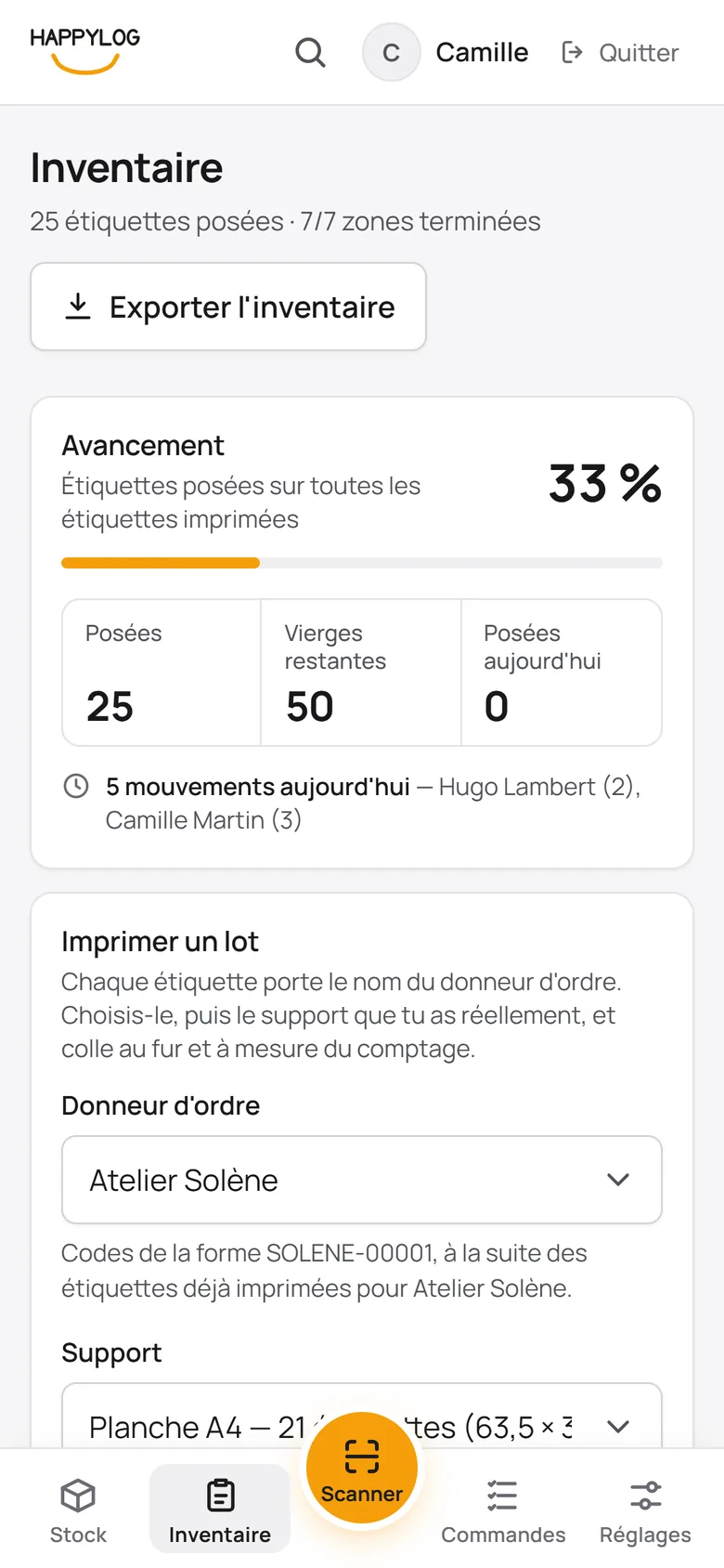 Inventaire par zone, sur le téléphone
