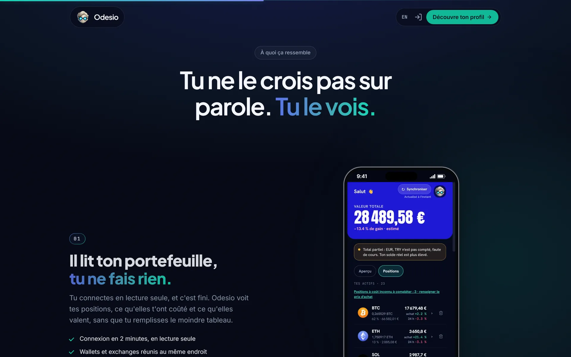 Odesio lit le portefeuille connecté et le résume