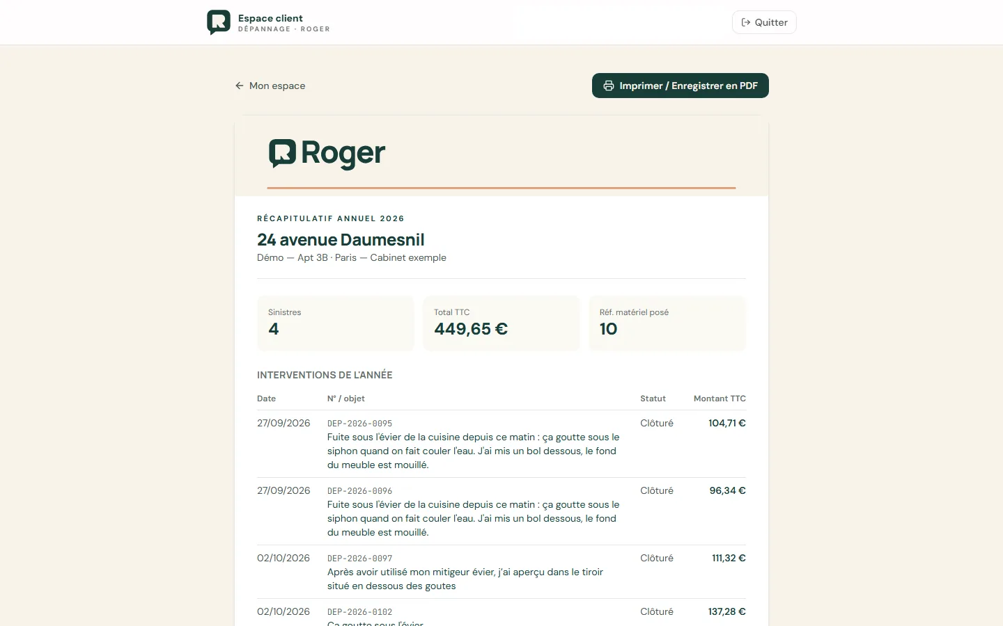 Récapitulatif annuel envoyé au propriétaire